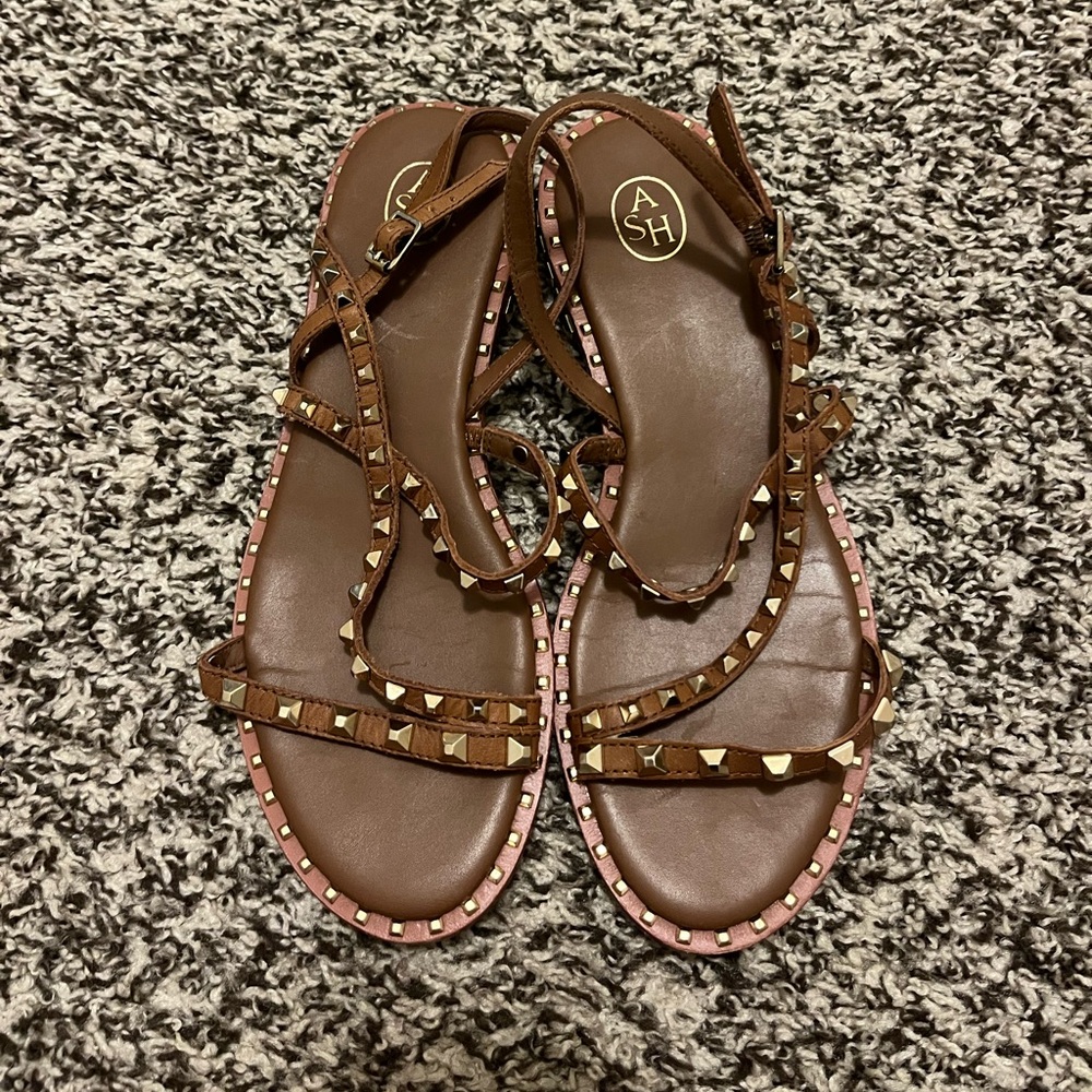 ASH Brown Leather Stud-Trim Strappy Sandals